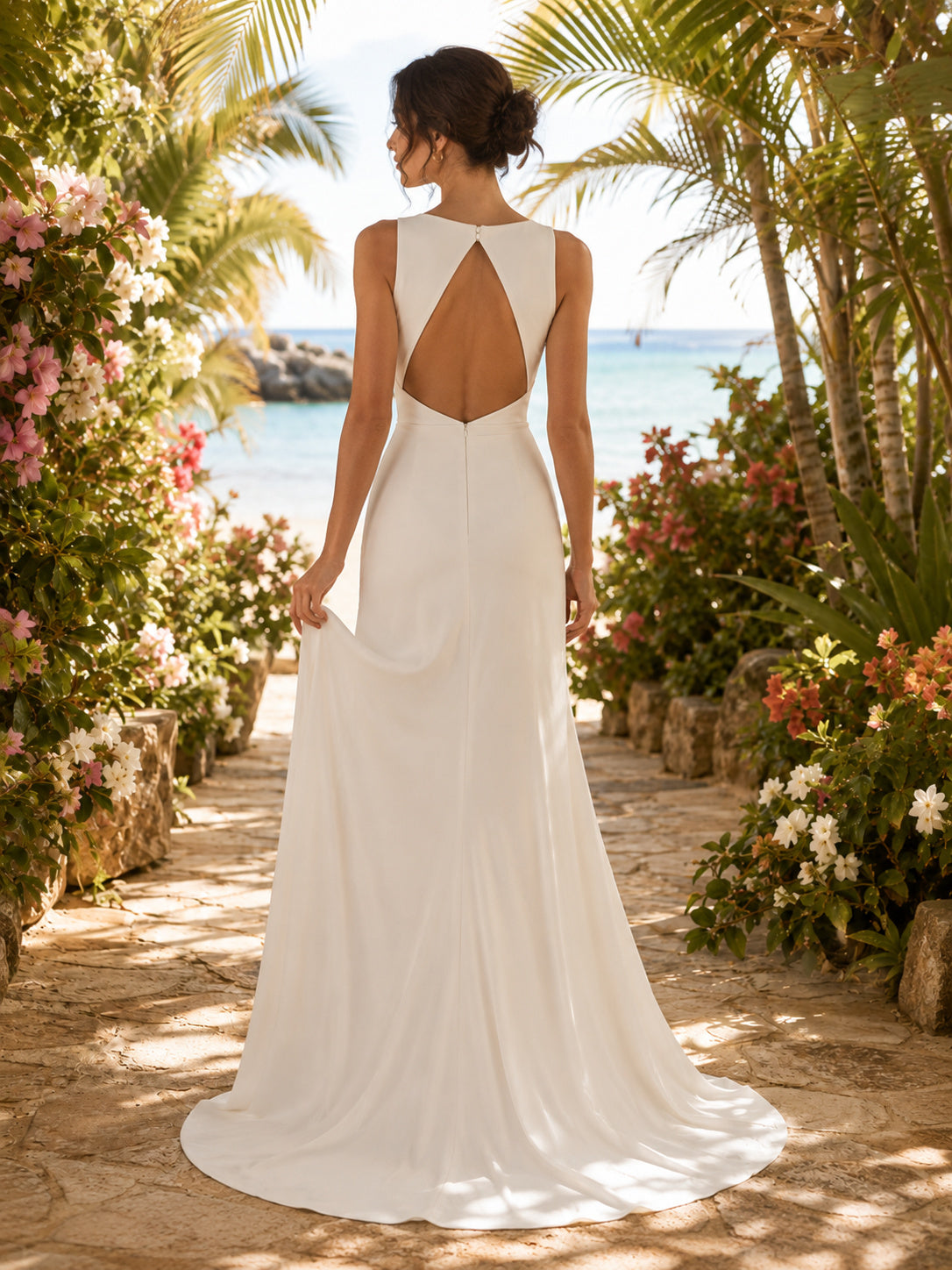 Minimalist High Neck Keyhole Back Tropical Wedding Dress back view