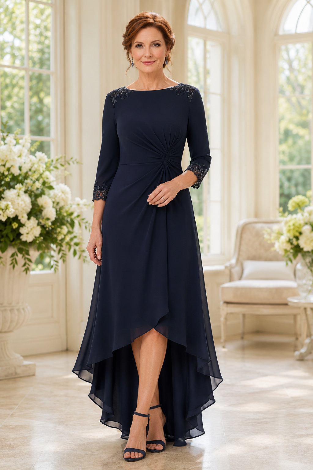 Dark Navy Bateau High Low Mother Dress with Three Quarter Sleeves and Chiffon Skirt front view