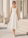 Modern Square Strap Satin A Line Tea Length Courthouse Wedding Dress front view