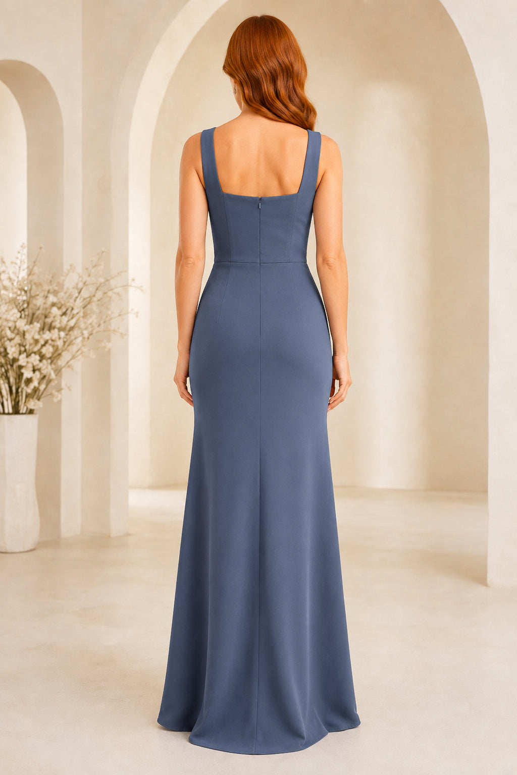 Steel Blue Square Neck Stretch Satin Sheath Formal Dress with Wide Straps and Side Split back view