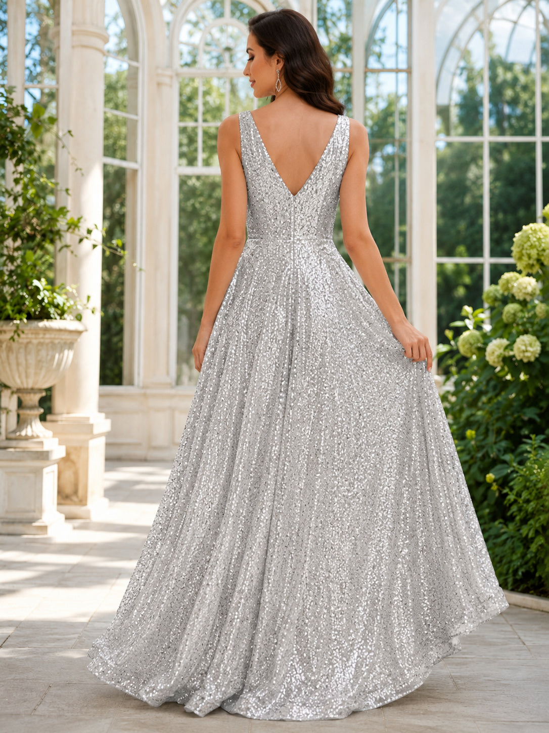Silver V Neck Sequin A Line Formal Evening Dress back view