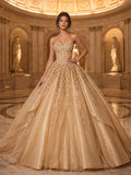 Gold Museum Hall Strapless Sweetheart Full Glitter Quinceanera Princess Editorial Sweep Train Gown front view