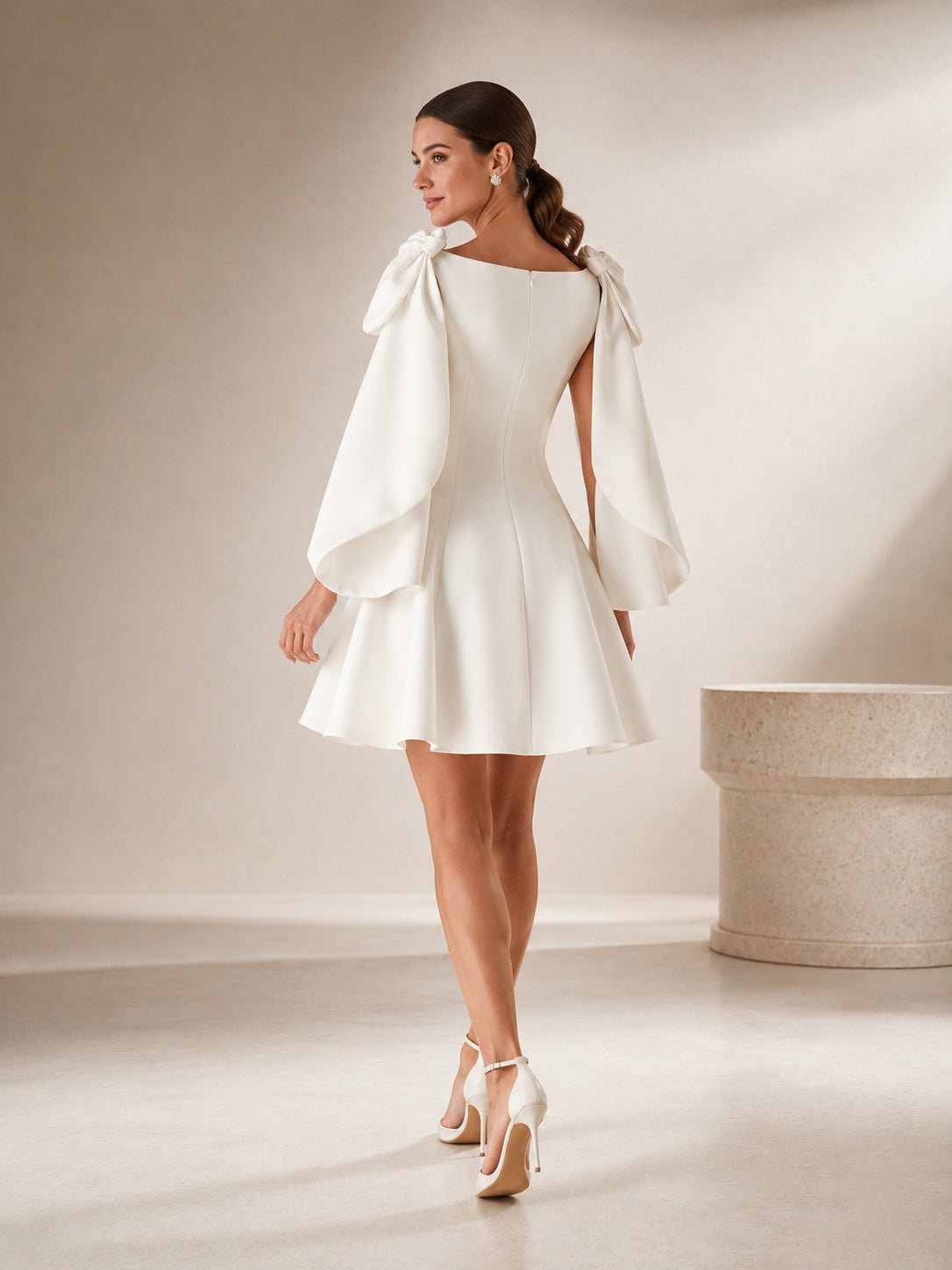 Short Reception Bateau Bow Shoulder Cape Sleeve Satin A-Line Mini Wedding Dress back view