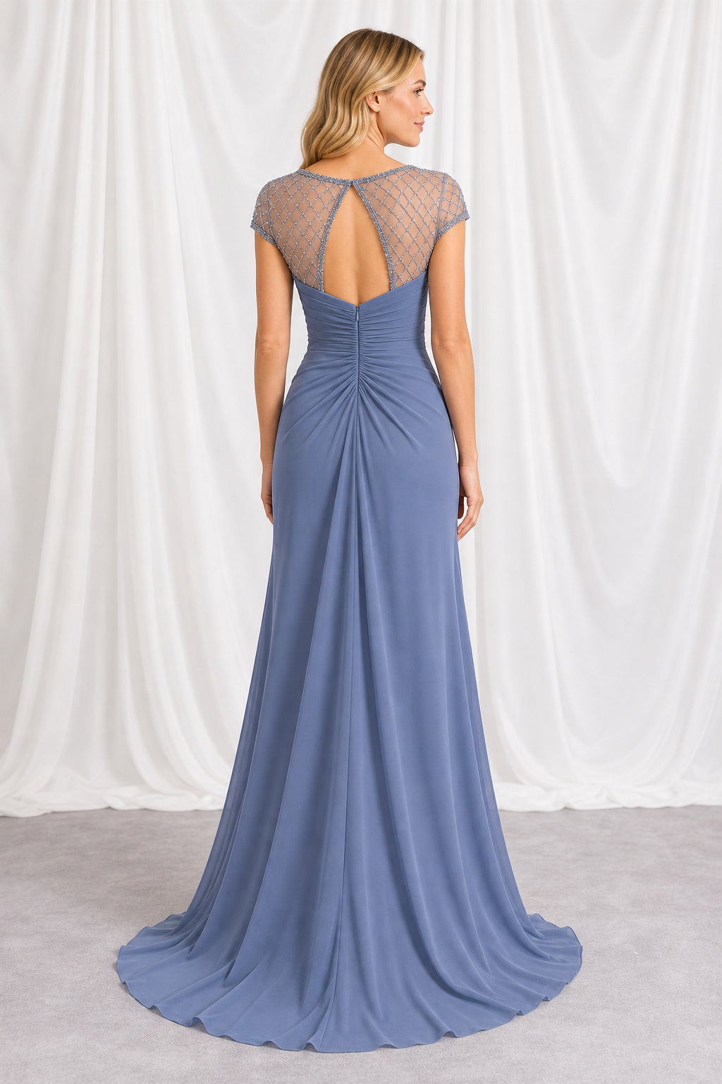 Blue Bateau Cap Sleeve Sheath Chiffon Floor-Length Dress With Illusion Back