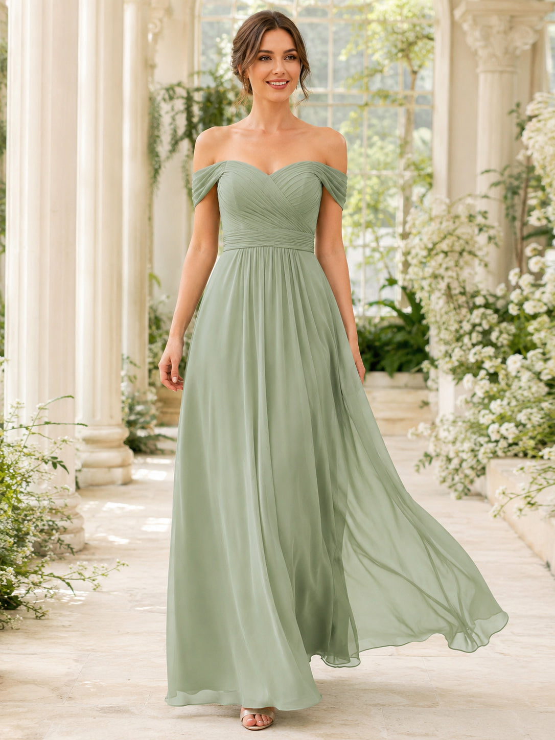 Sage Off Shoulder Chiffon A-Line Formal Dress front view