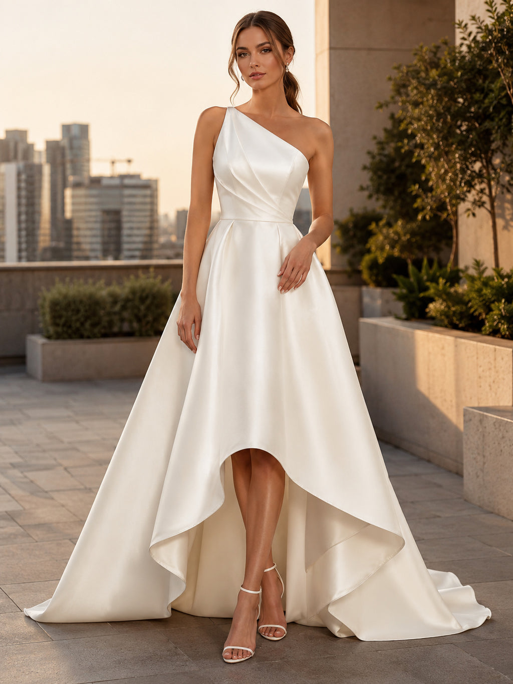 One Shoulder Satin High Low Rooftop Wedding Dress front view