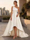 One Shoulder Satin High Low Rooftop Wedding Dress front view
