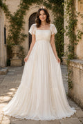 Ivory Square Neck Cap Sleeve Simple A-Line Boho Wedding Dress with Lace Inserts front view