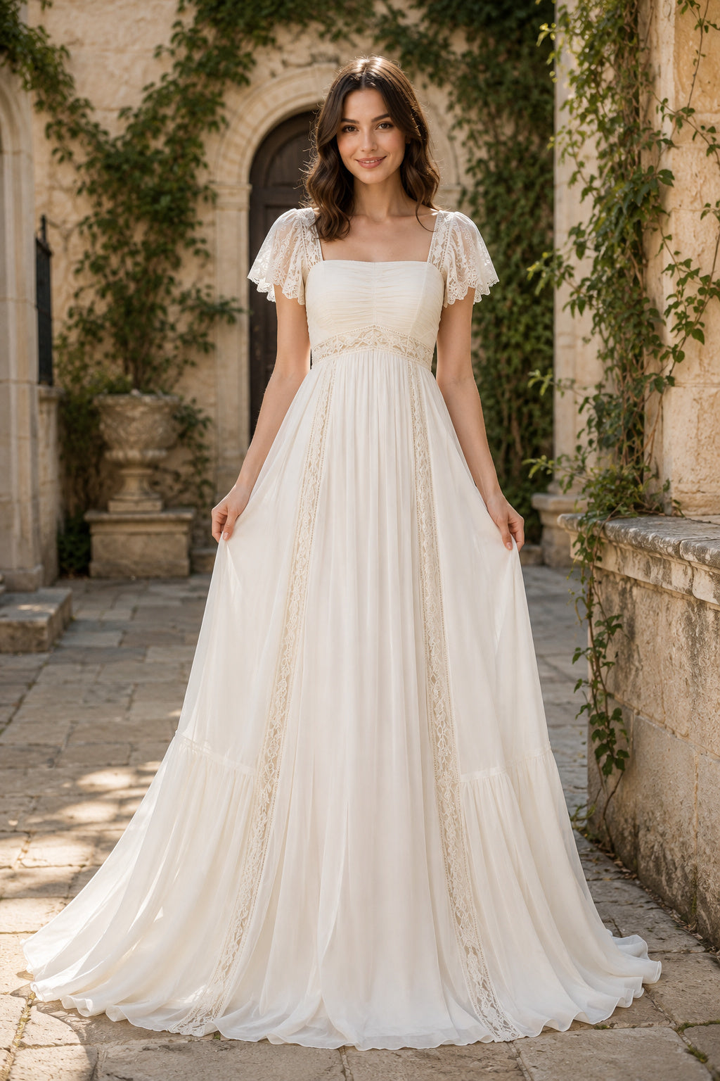 Ivory Square Neck Cap Sleeve Simple A-Line Boho Wedding Dress with Lace Inserts front view
