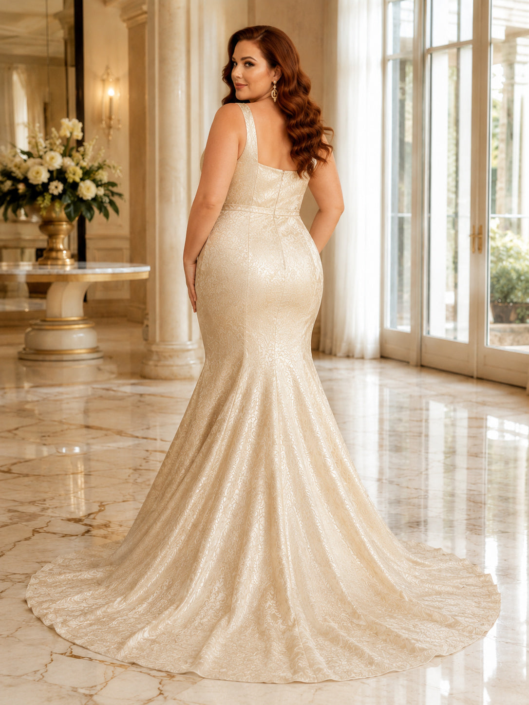 Plus Size Gold Square Neck Metallic Pattern Mermaid Sweep Train Nontraditional Wedding Gown back view