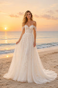 Ivory Off Shoulder Sweetheart Lace Tulle A-Line Wedding Dress Chapel Train for Bridal Ceremony and Reception Style MG_700761