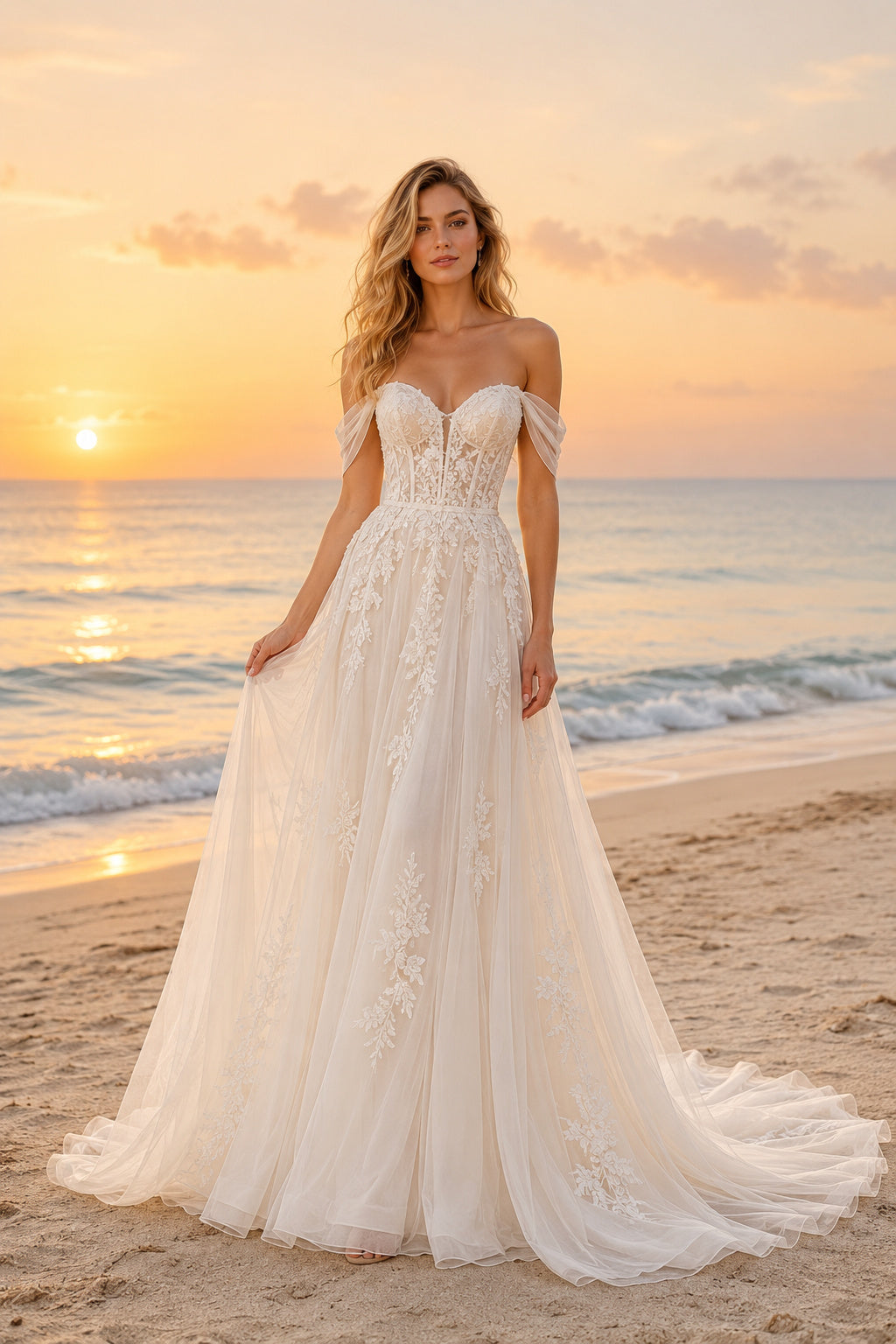 Ivory Off Shoulder Sweetheart Lace Tulle A-Line Wedding Dress Chapel Train for Bridal Ceremony and Reception Style MG_700761