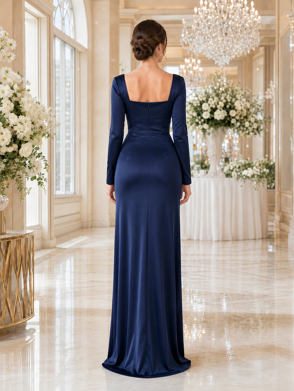 Dark navy square neck satin long sleeve bridesmaid sheath dress back view