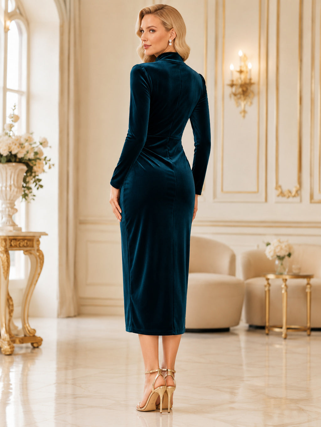 Peacock High Neck Ruched Velvet Sheath Asymmetrical Guest Dress back view