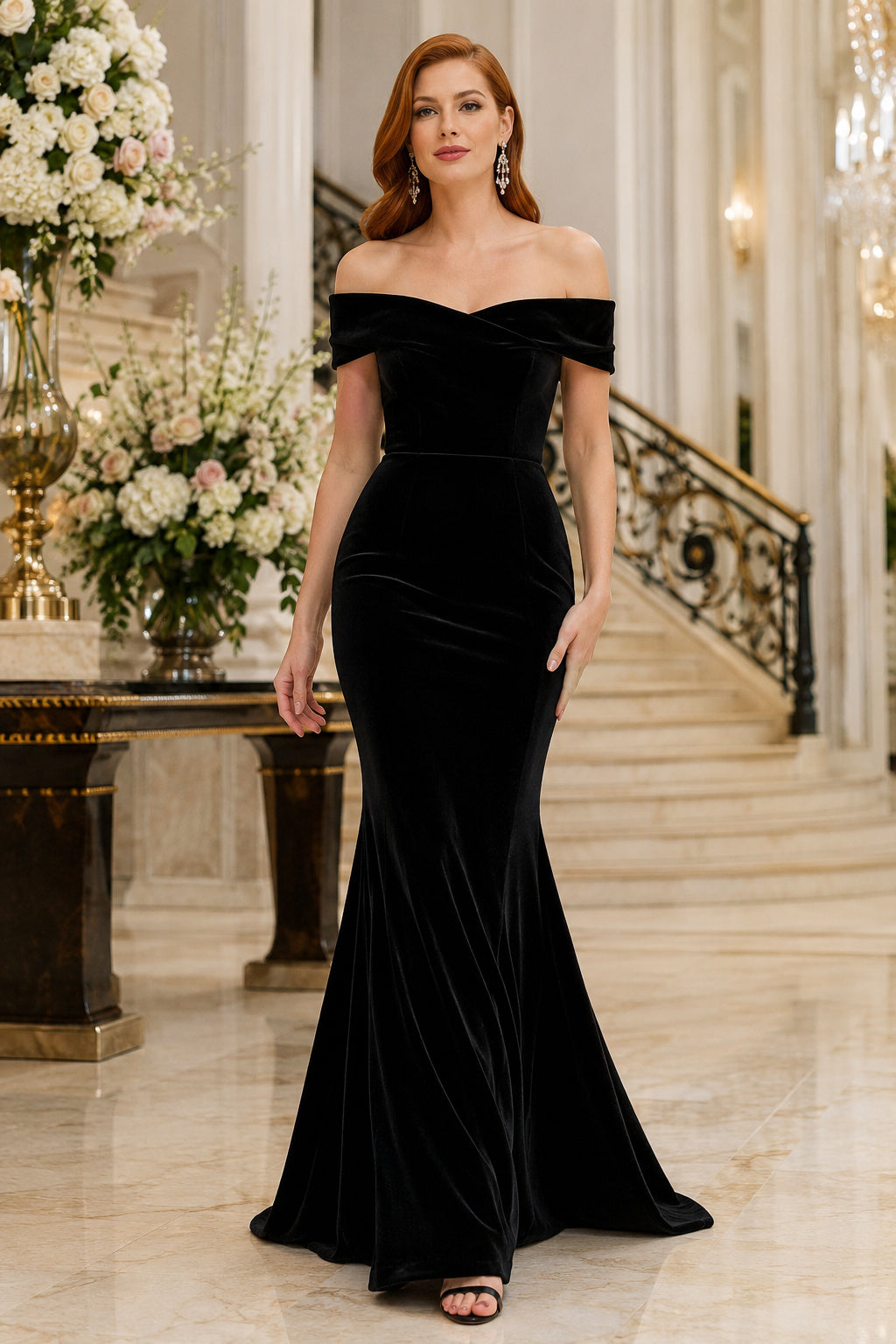 Evening Gown Black Velvet Mermaid Off Shoulder Short Sleeve Sweep Train front view