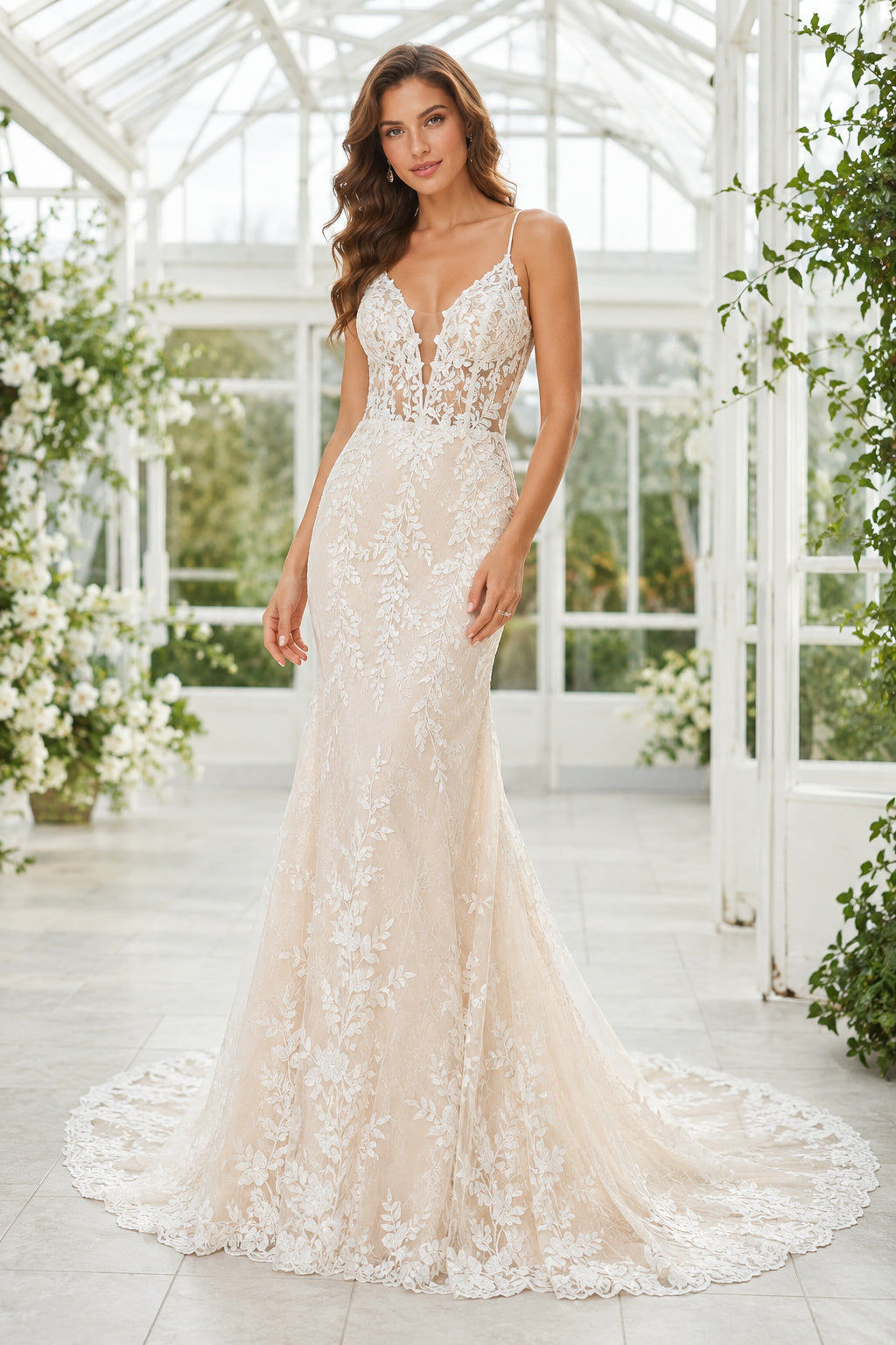 Ivory Spaghetti V-Neck Lace Mermaid Wedding Dress Chapel Train for Wedding Ceremony and Reception front view