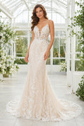 Ivory Spaghetti V-Neck Lace Mermaid Wedding Dress Chapel Train for Wedding Ceremony and Reception front view