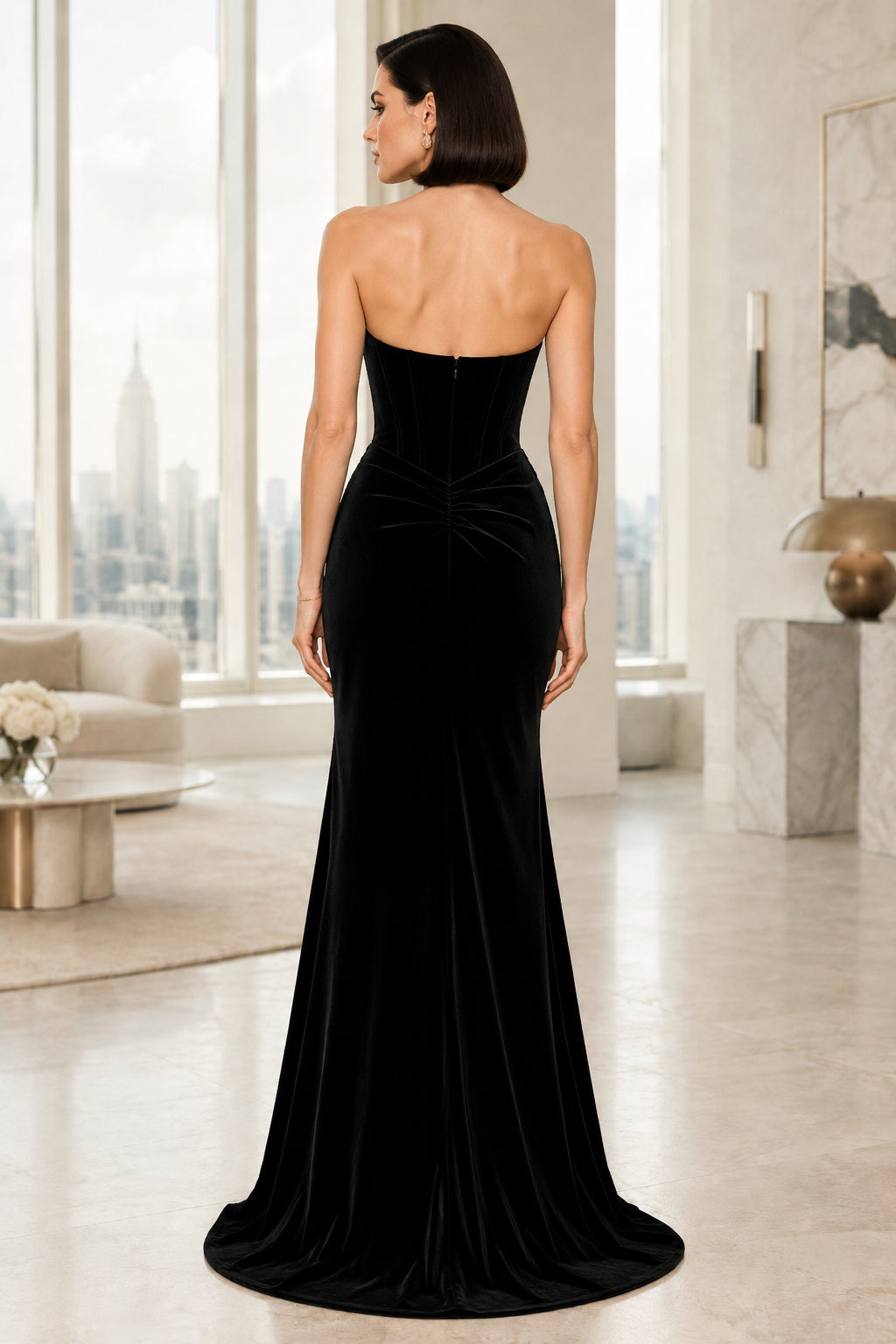 Black Strapless Sweetheart Velvet Mermaid Evening Gown With High Slit Evening Dress back view
