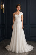 Ivory Off-the-Shoulder A-Line Lace Wedding Dress With Draped Bodice