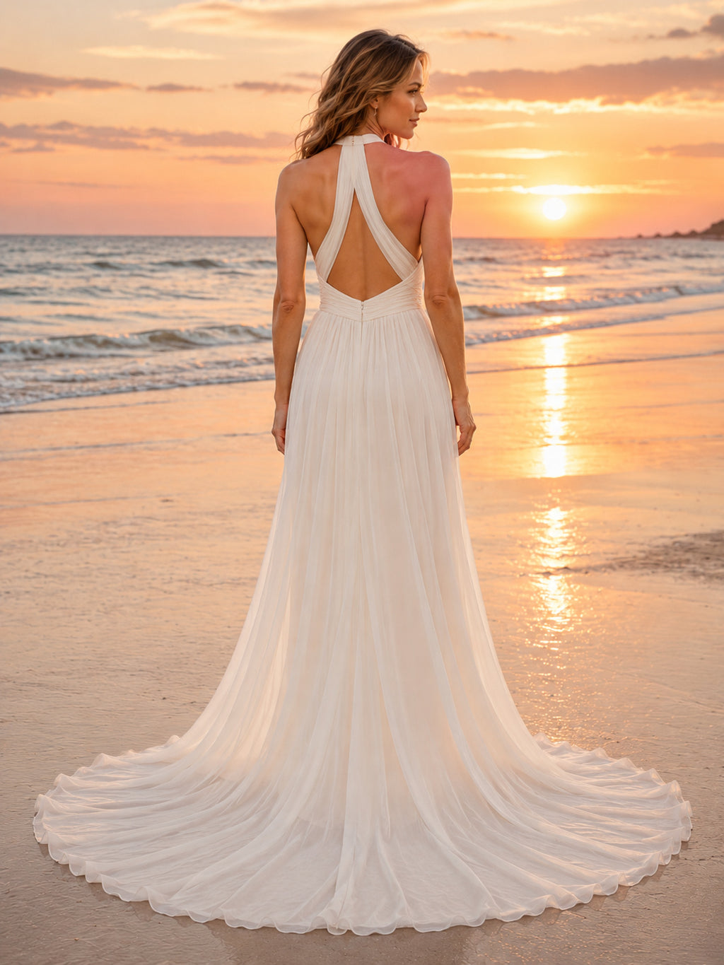 Beach Chiffon Wedding Dress A-Line Halter Sleeveless Floor Length Bridal Gown Style 722589 back view
