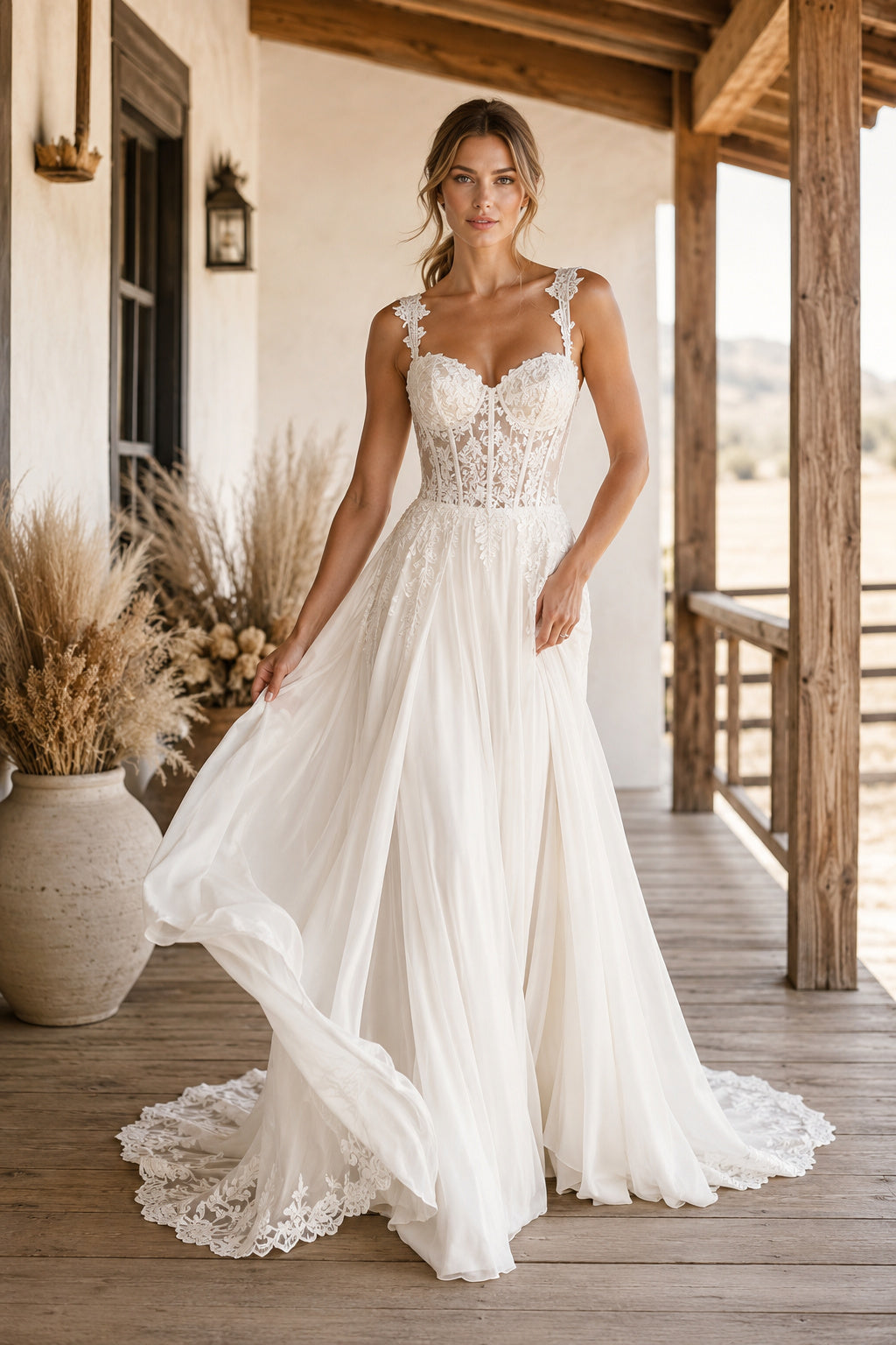 Spaghetti Strap V-Neck A-Line Wedding Dress with Lace Bodice and Flowing Chiffon Train front view