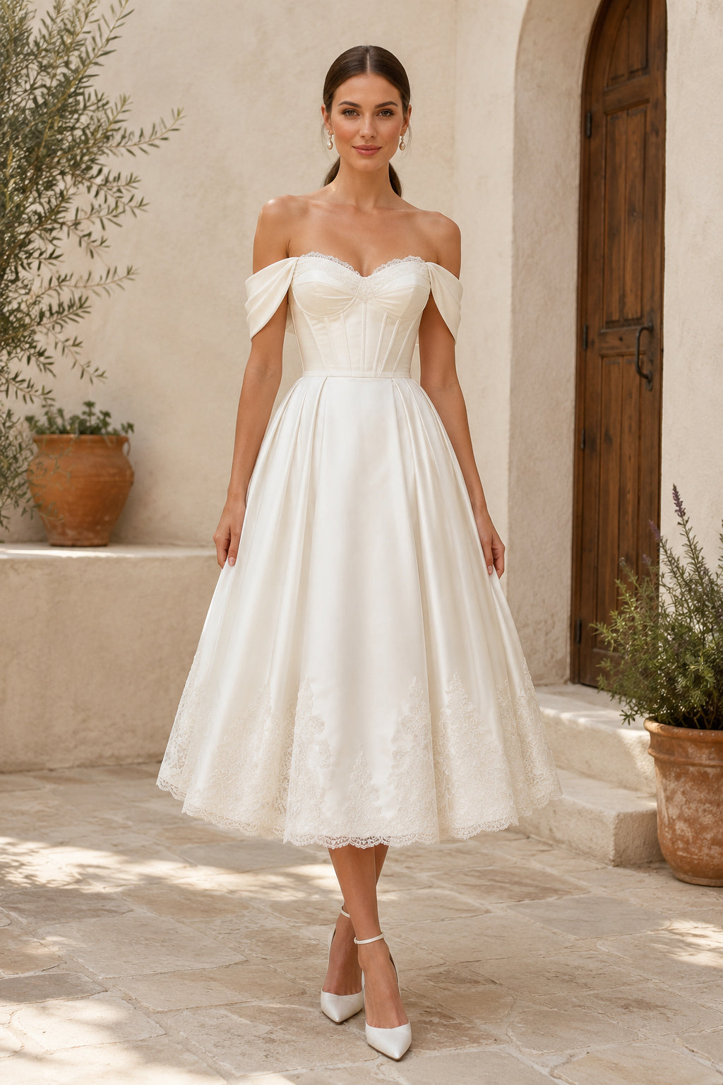 Ivory Off Shoulder Satin Tea Length Wedding Dress for Wedding Reception and Party front view
