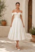 Ivory Off Shoulder Satin Tea Length Wedding Dress for Wedding Reception and Party front view