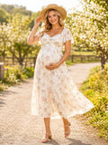 Cream Floral Maternity V Neck Flutter Sleeve Empire Chiffon Ankle Length Country Dress front view