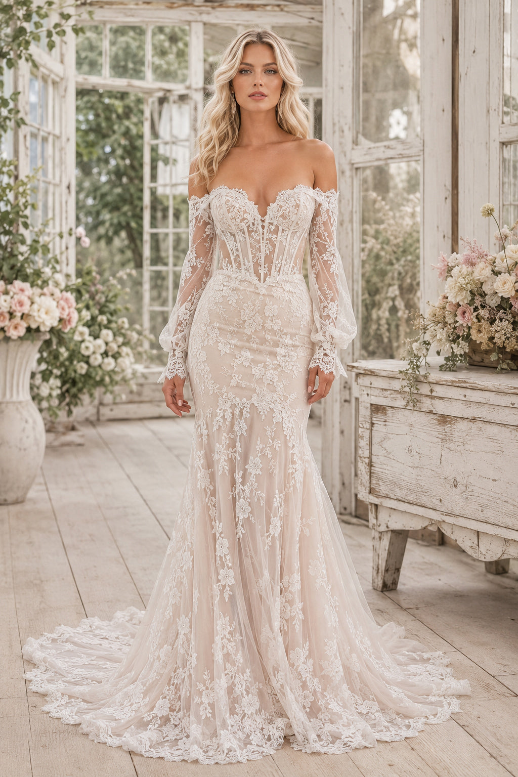 Champagne Sexy Off-the-Shoulder Mermaid Champagne Lace Wedding Dress with Long Lace Sleeves and Chapel Train Style MG_701408