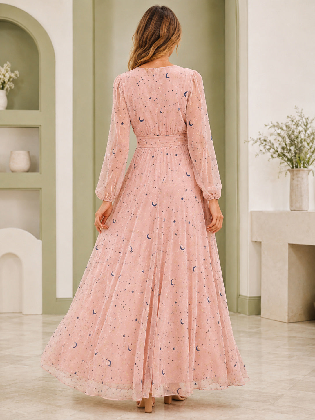 Blush Long Sleeve Moon Star Tulle Maxi Dress back view