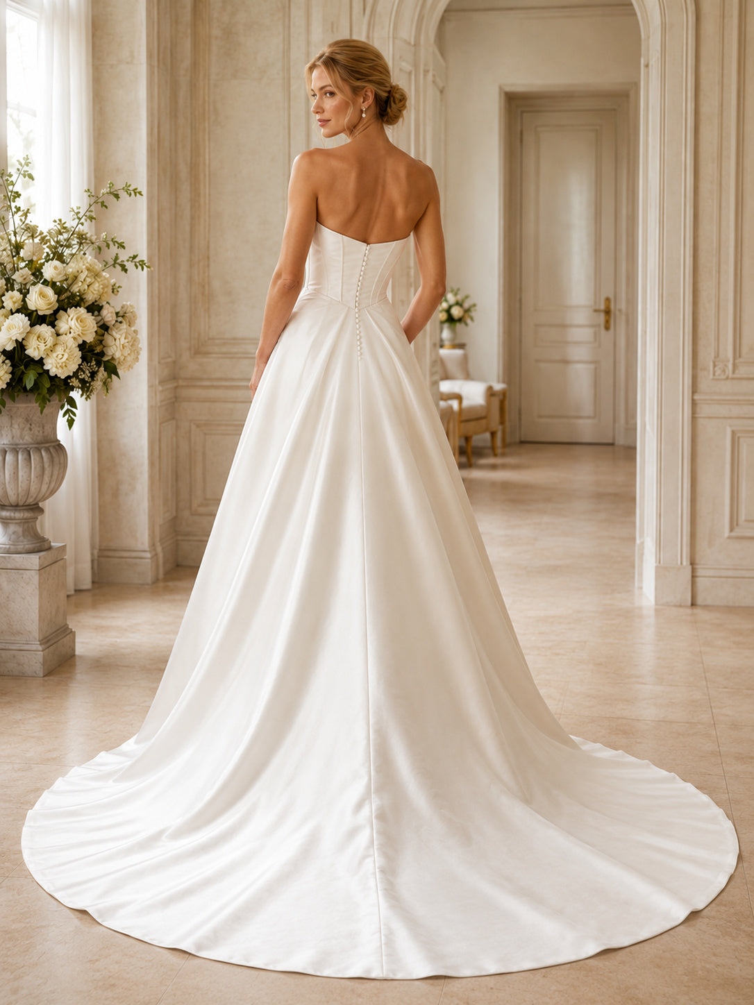Luxury Strapless Satin Brautkleid Ball Gown Sweetheart Bodice Chapel Train back view