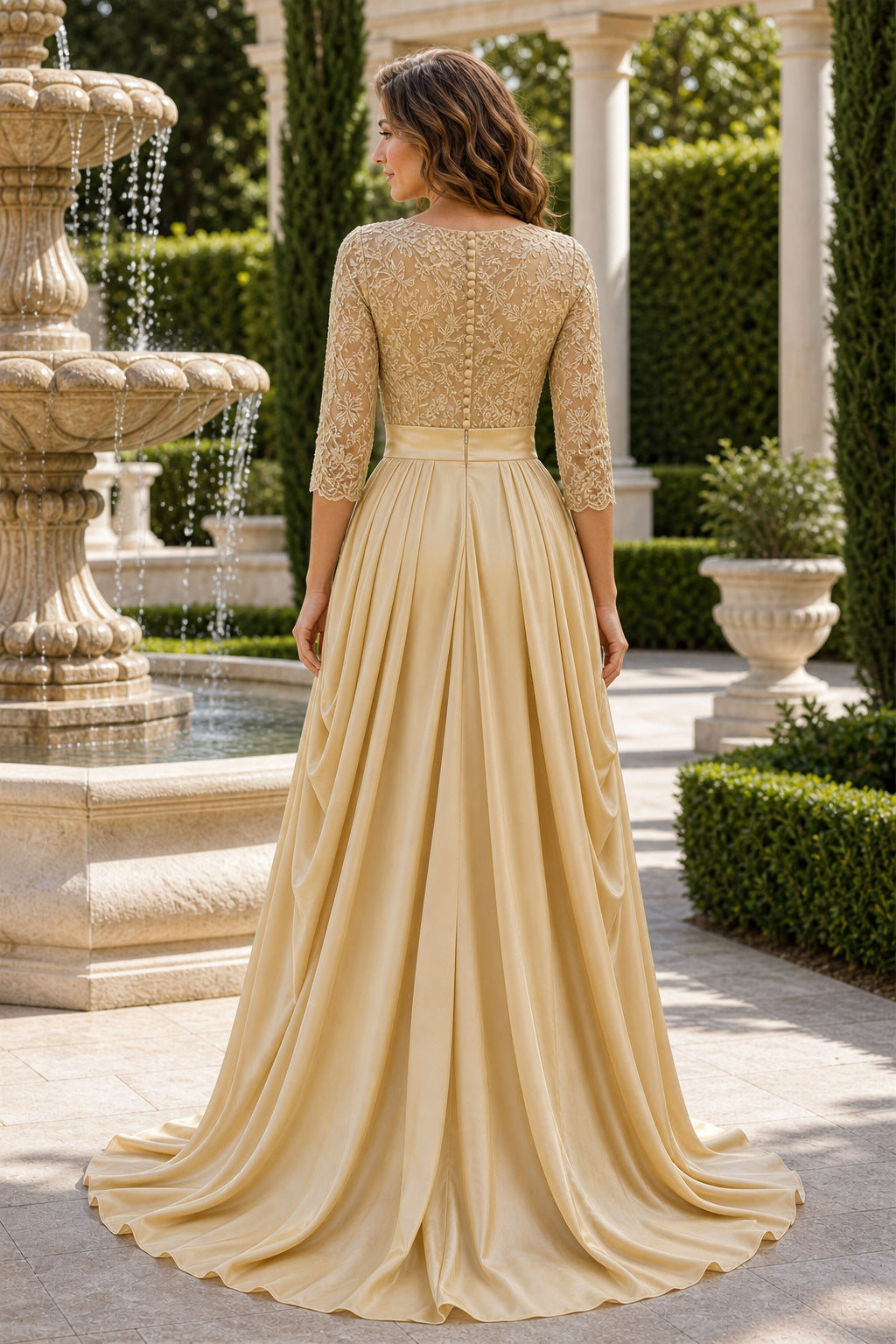 Gold V-neck Long Sleeves A-Line Satin, Lace Floor-length Wedding Dress With Lace Bodice and Pleats