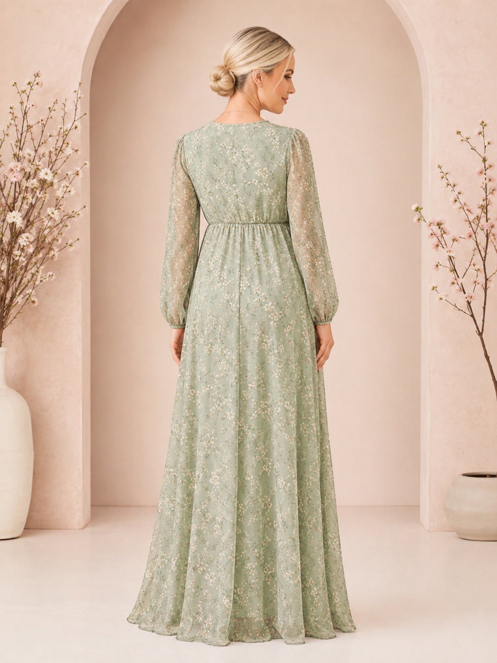 Sage Floral Maternity V-Neck Poet Sleeve Chiffon Empire Floor-Length Maxi Dress back view