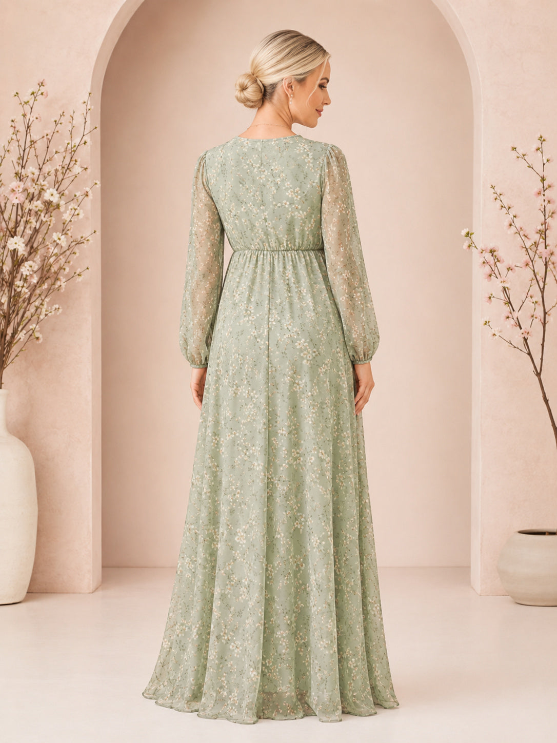 Sage Floral Maternity V-Neck Poet Sleeve Chiffon Empire Floor-Length Maxi Dress back view
