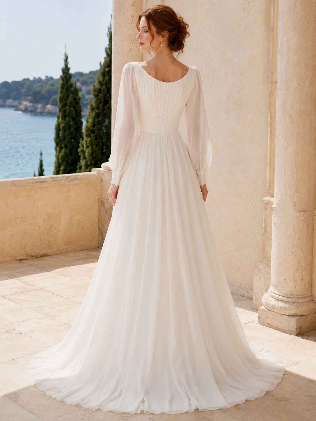 Flattering Bateau Long Poet Sleeve Chiffon A-Line Floor-Length Wedding Dress back view