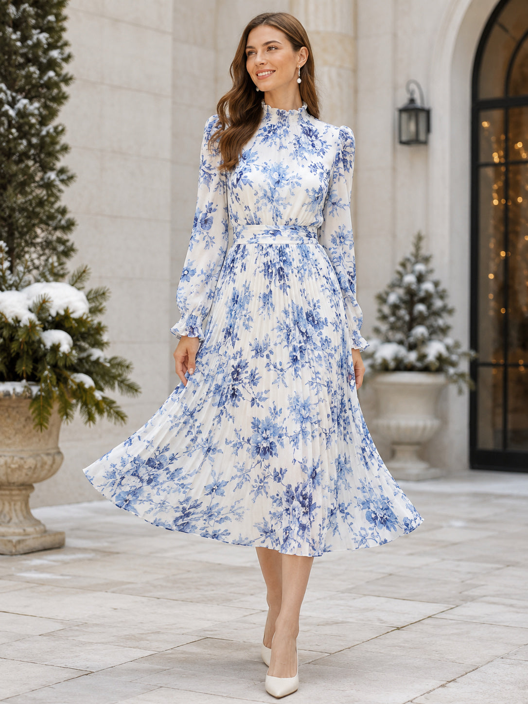White Blue Floral High Neck Long Sleeve Chiffon Guest Dress front view