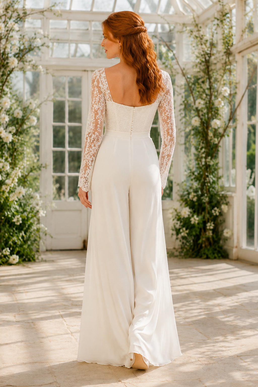 Square Neck Lace Sleeve Wedding Jumpsuit with Side Drape back view
