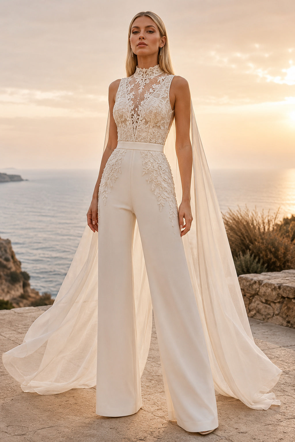 Ivory Halter High Neck Sleeveless Lace Satin Floor-Length Bridal Jumpsuit with Cape Train and Lace Bodice front view