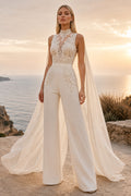 Ivory Halter High Neck Sleeveless Lace Satin Floor-Length Bridal Jumpsuit with Cape Train and Lace Bodice front view
