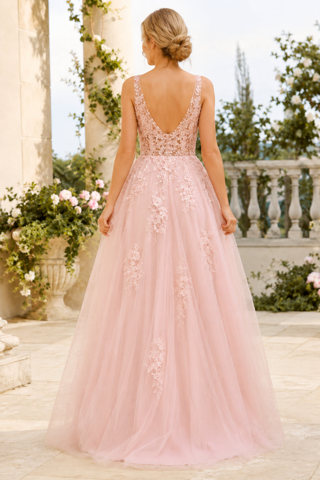 Blushing Pink V-Neck Tulle A-Line Prom Dress Lace Applique for Prom and Formal Events back view