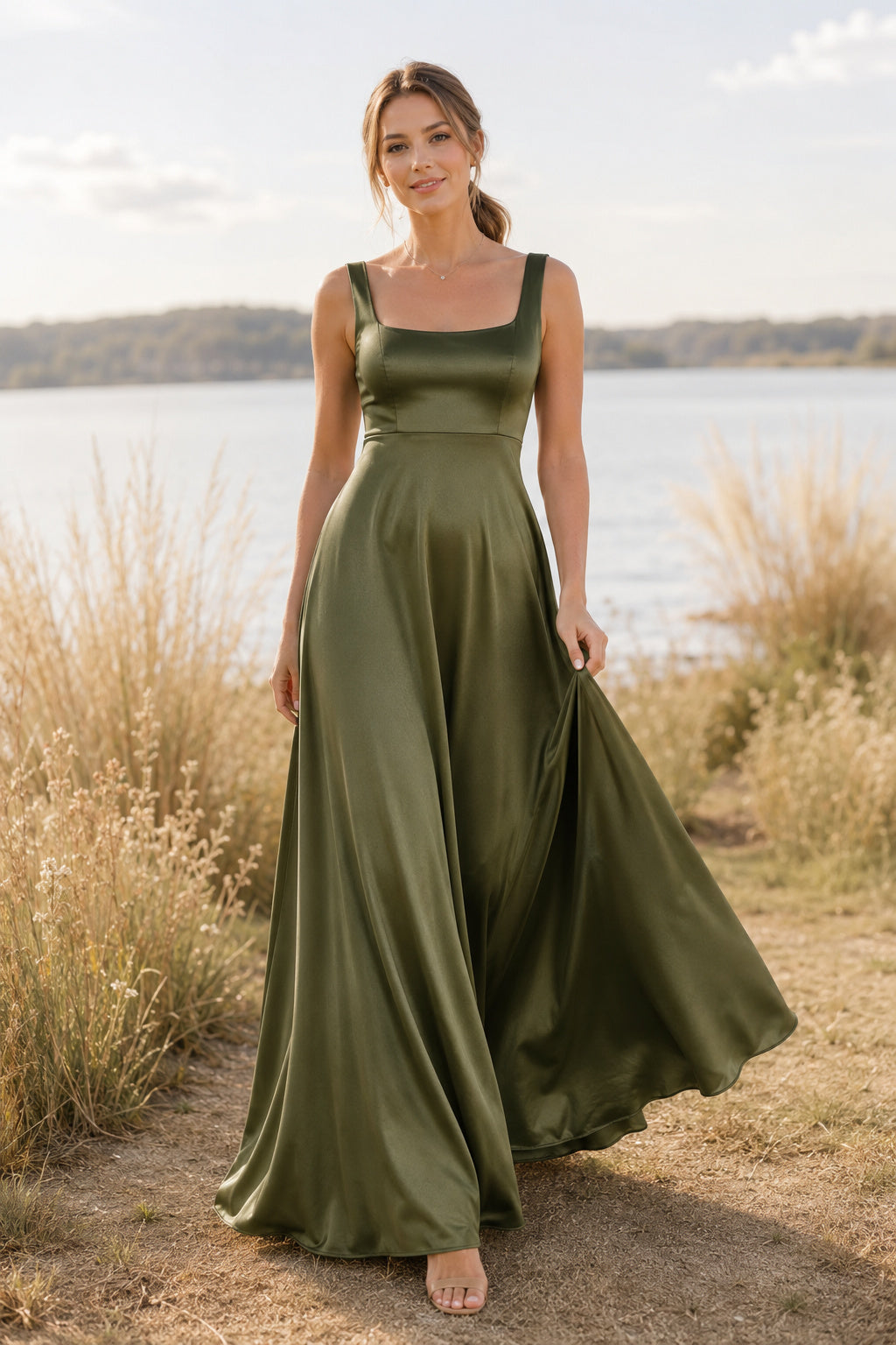 Dark Green Square Neck Satin A-Line Bridesmaid Dress with Wide Straps and Full Skirt front view