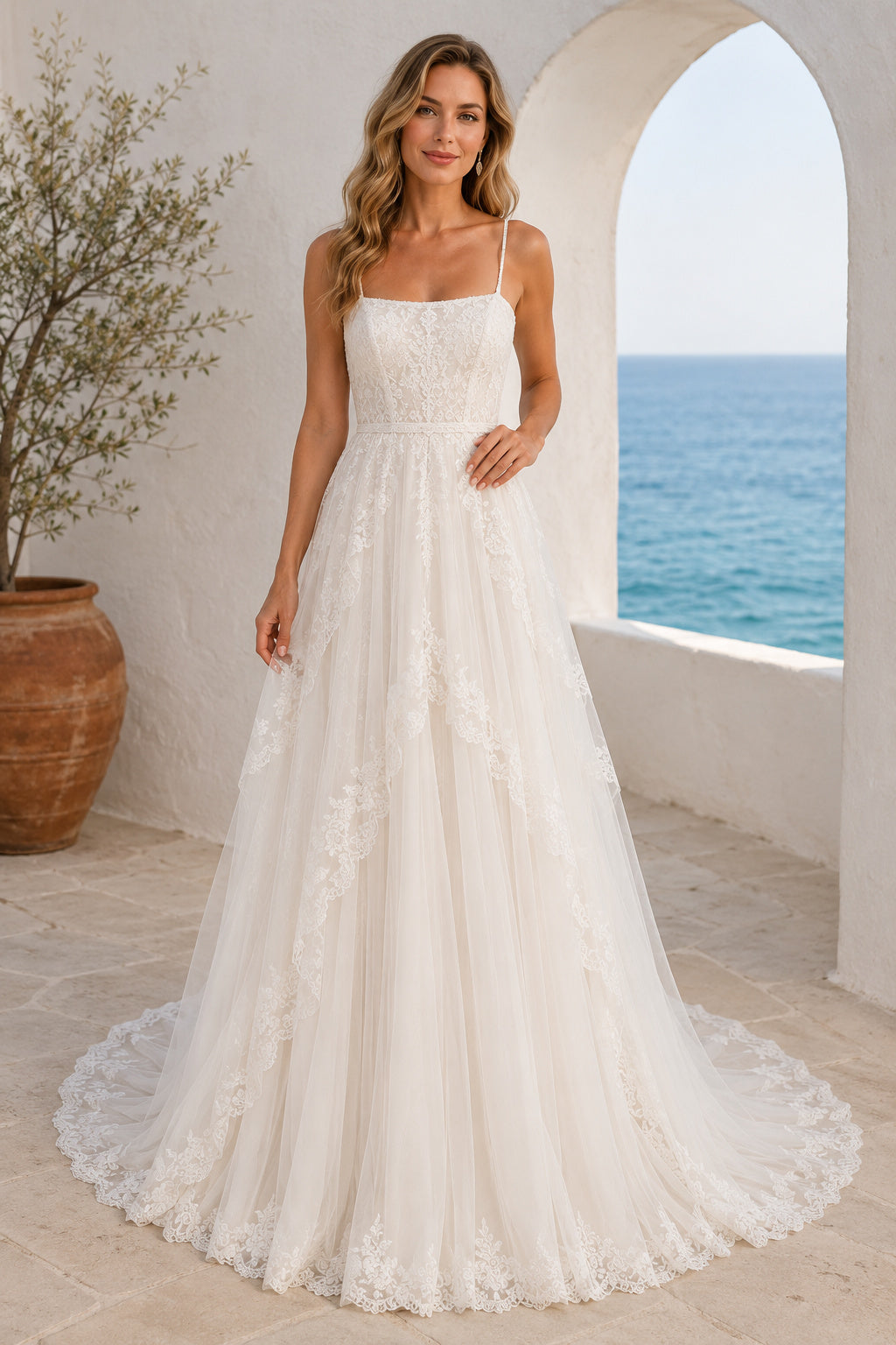 Ivory Square Neck Spaghetti Strap Lace Tulle A-Line Wedding Dress for Bridal Ceremony and Reception front view