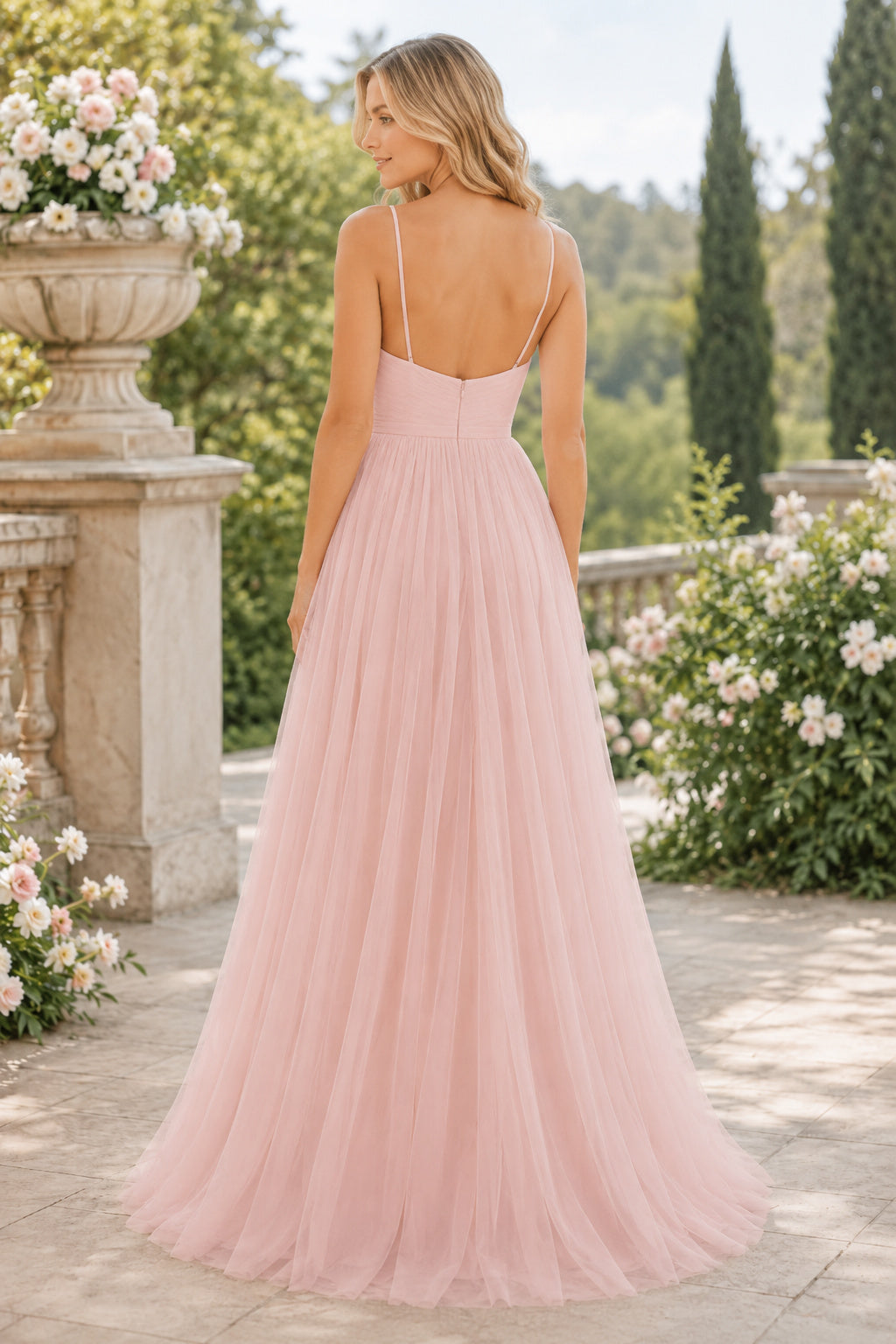 Blush Spaghetti Strap Sweetheart Tulle A-Line Bridesmaid Dress with Pleated Bodice back view