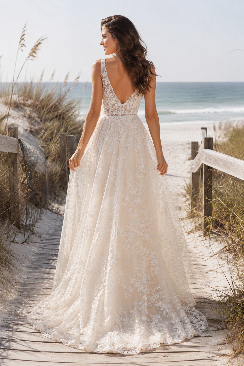Ivory Strap V-Neck Lace Tulle A-Line Wedding Dress Low Back Train for Bridal Ceremony and Reception back view