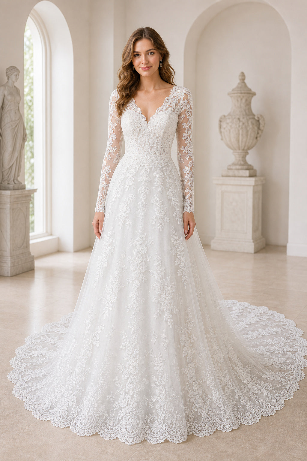 White Off-the-shoulder Flutter Sleeves Mermaid Lace Floor-length Wedding Dress With Lace and Pleated Skirt and Open Back
