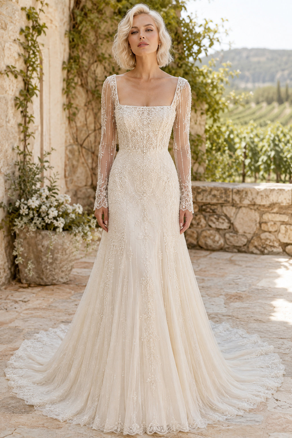 Ivory Square Neck Long Sleeve Lace Sheath Wedding Dress with Sweep Train front view