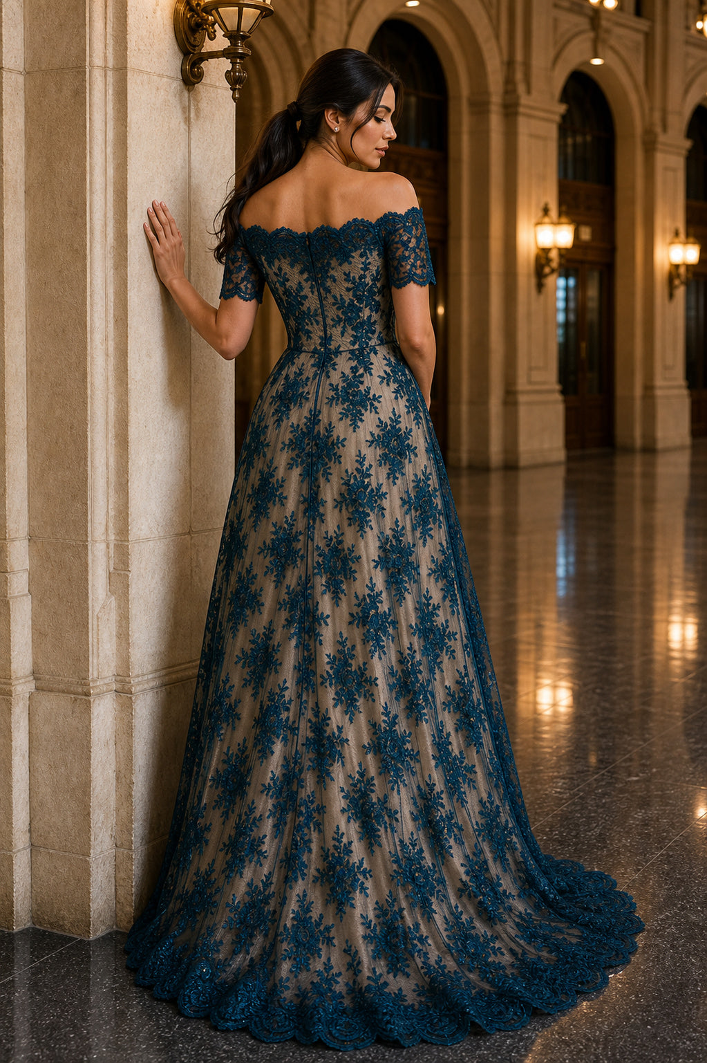 Teal Off-the-Shoulder A-Line Lace Floor-Length Dress With Sweep Train
