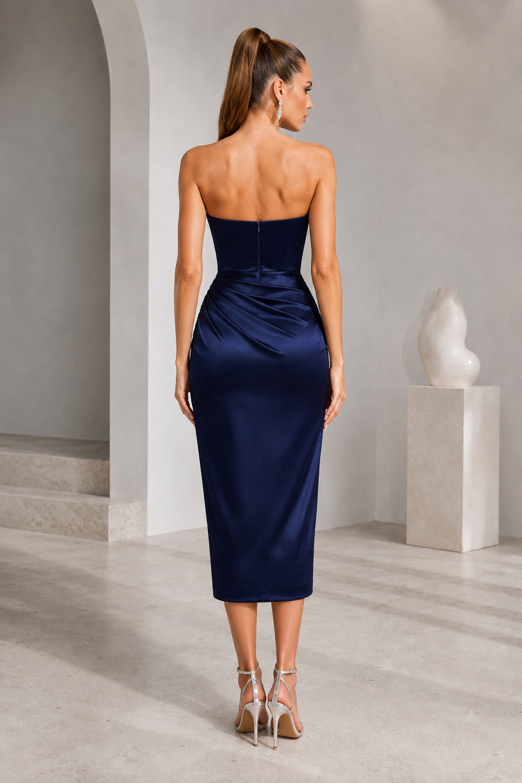 Black Luxury Satin Cocktail Sheath Dress back view