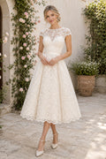 Ivory Cap Sleeve Lace Tea Length Wedding Dress for Wedding Ceremony and Reception front view