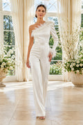 One-Shoulder Lace Applique Bridal Jumpsuit with One Long Sleeve front view